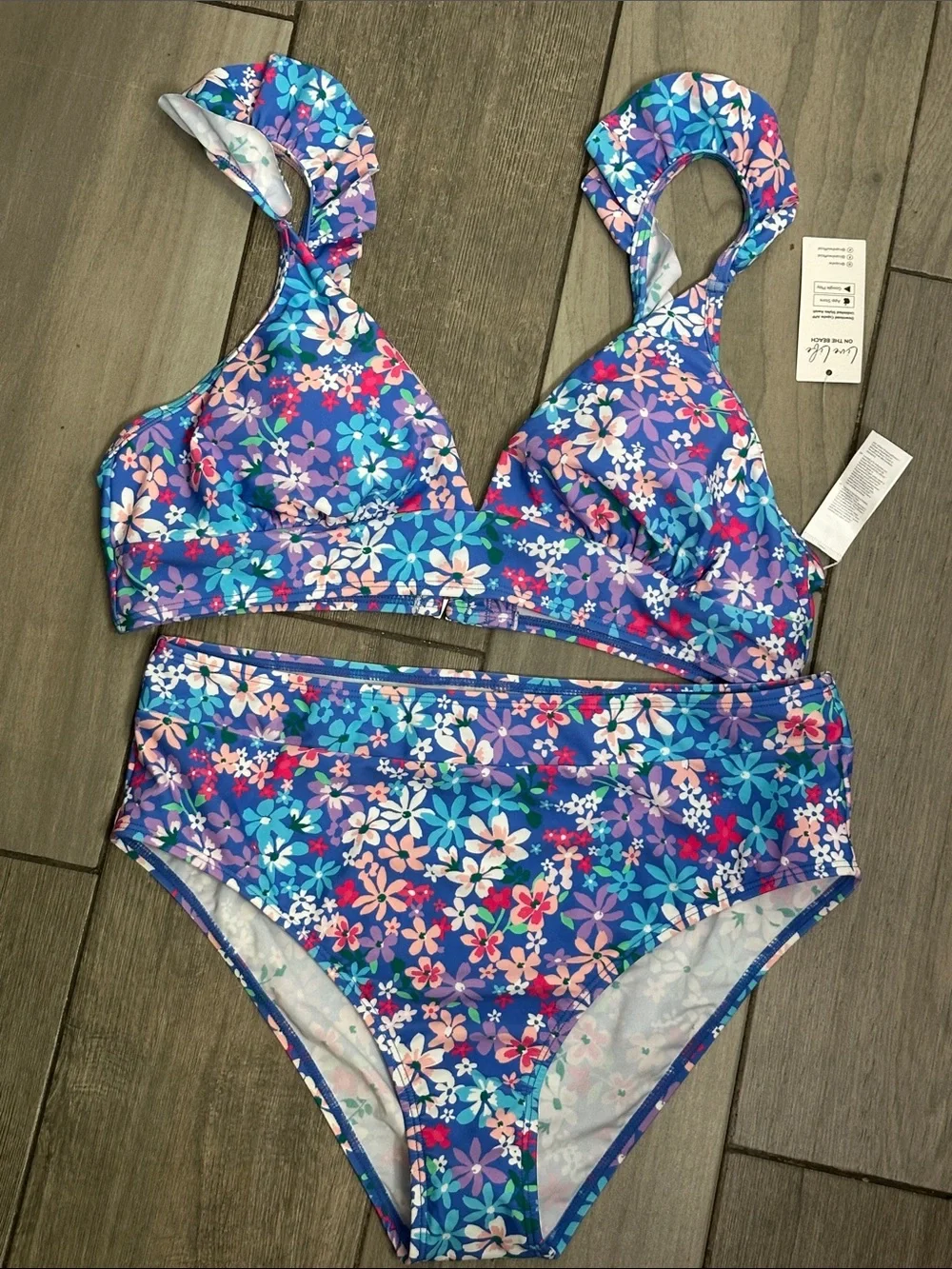CUPSHE Sundry Daisy Ruffled Bralette High Waist Bikini Set Womens Swim Large NWT